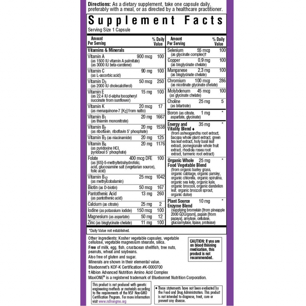 Мультивітамін Bluebonnet Nutrition Мультивітаміни без заліза, MAXI ONE Iron Free, 30 вегетаріанських капсул (BLB0133) - зображення 2