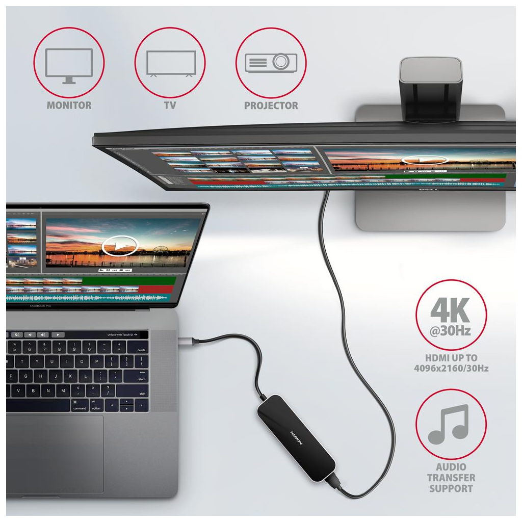 Концентратор AXAGON USB-C 6-in-1 to 4xUSB-A 5Gbps + 1xUSB-C PD100W + HDMI 4K30Hz 0.2m aluminum (HMC-6H4A) - зображення 3