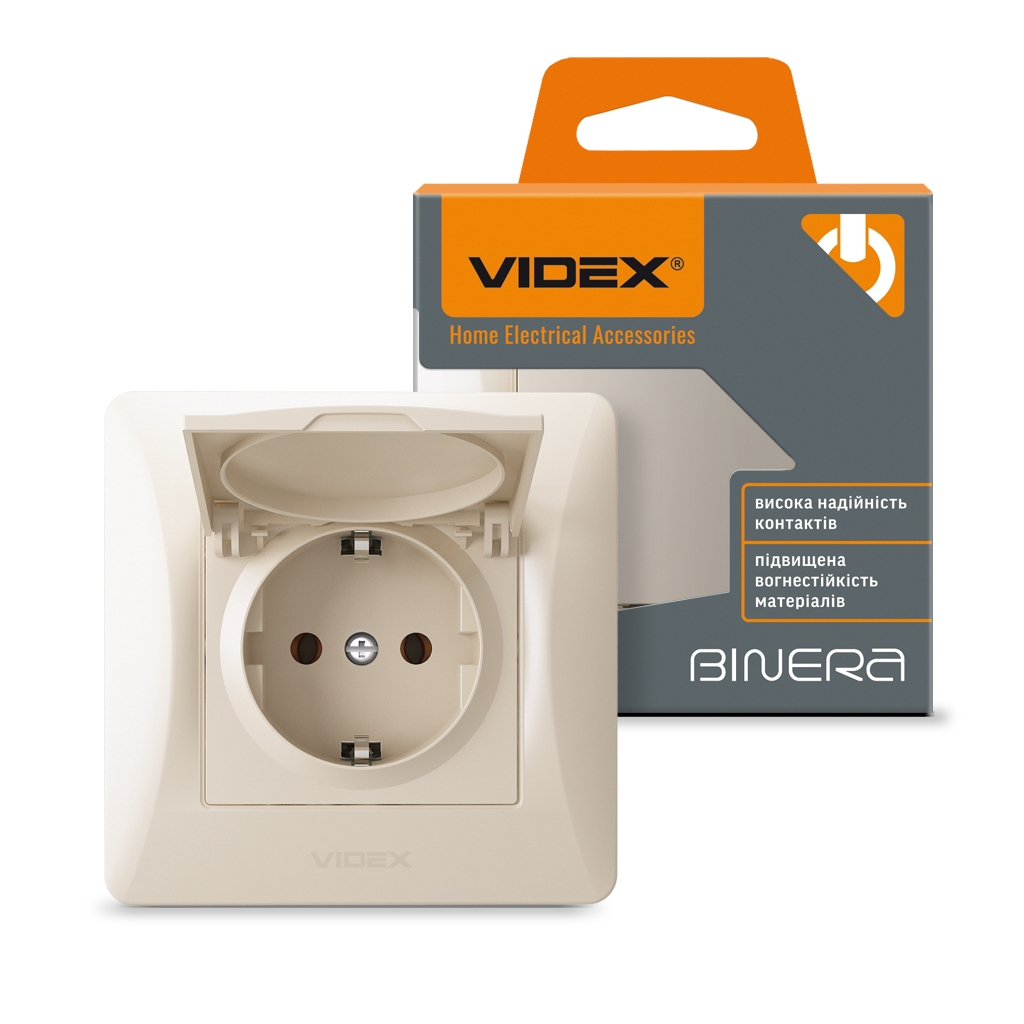 Розетка Videx BINERA 1ая із заземленням і кришкою крем (VF-BNSK1GС-CR) - изображение 4