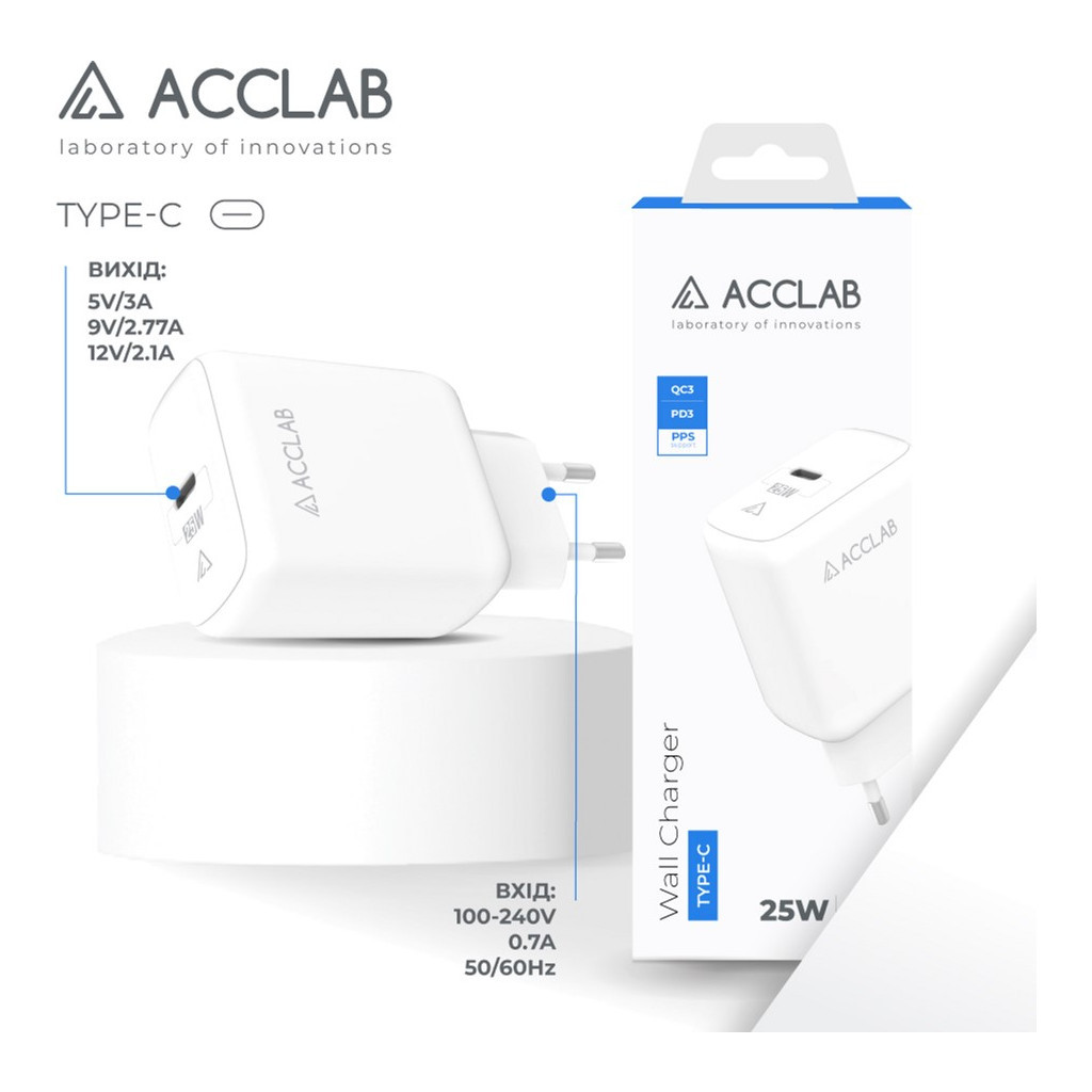 Зарядний пристрій ACCLAB AL-TC125 1хType-C 5В/3A/25W QC/PD3.0 (1283126538841) - зображення 3