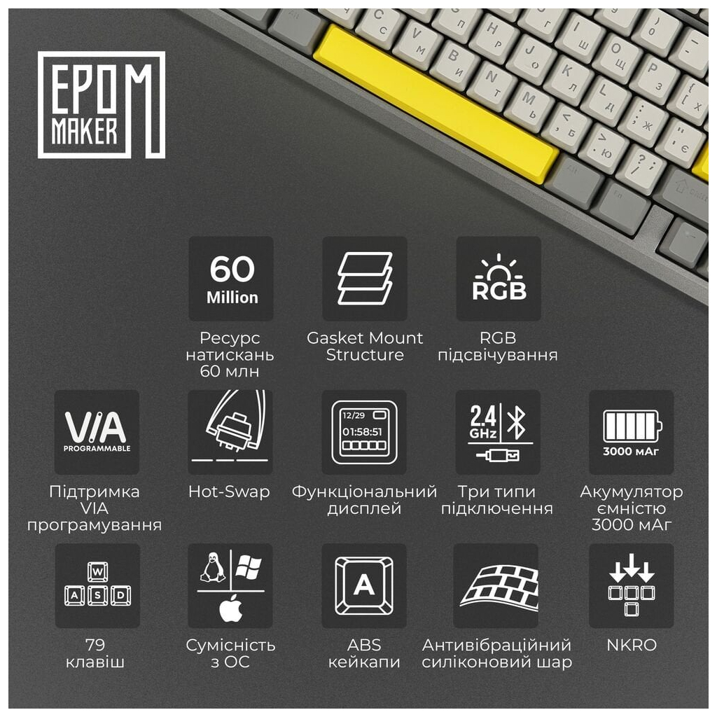 Клавіатура Epomaker TH80 Pro V2 75 Sea Salt Silent Switch Hot-Swap LCD Screen RGB Wireless/Bluetooth/USB UA Black (TH80-PROV2-B-SS) - зображення 12