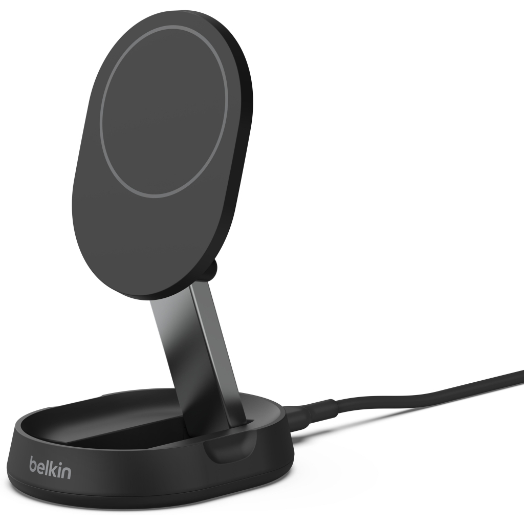 Зарядний пристрій Belkin 15W Magnetic Stand Qi2 20W adapter USB-C black (WIA008VFBK) - зображення 1