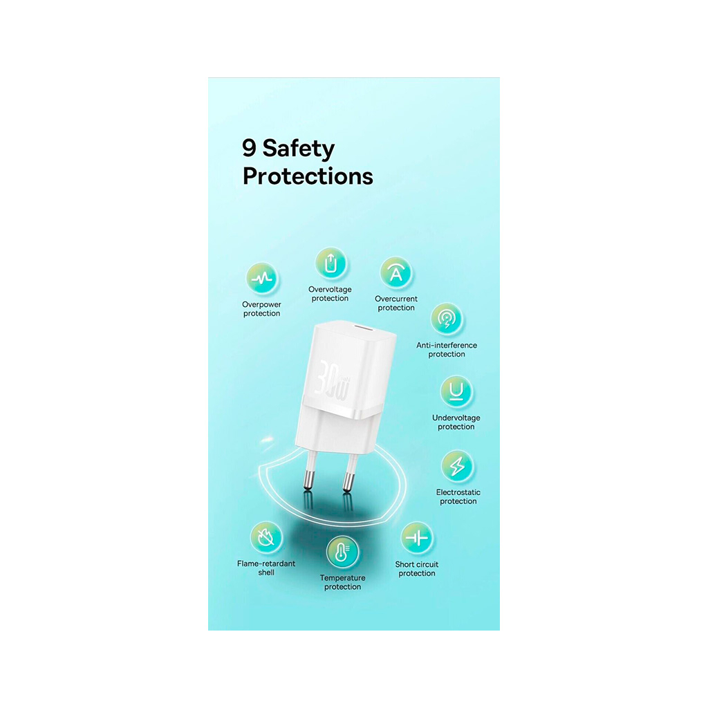 Зарядний пристрій Baseus GaN5 Fast Charger USB-C 30W + Cable 1.0m Type-C 100W white (P10110902213-00) - зображення 9