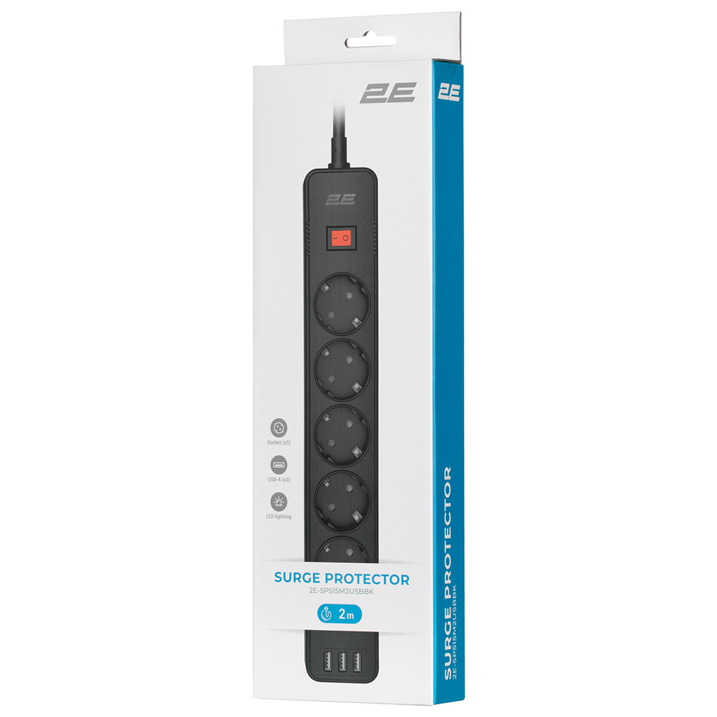 Мережевий фільтр живлення 2E 5XSchuko, 3G*1.5мм, 3*USB-A, 2м, black (2E-SP515M2USBBK) - зображення 6