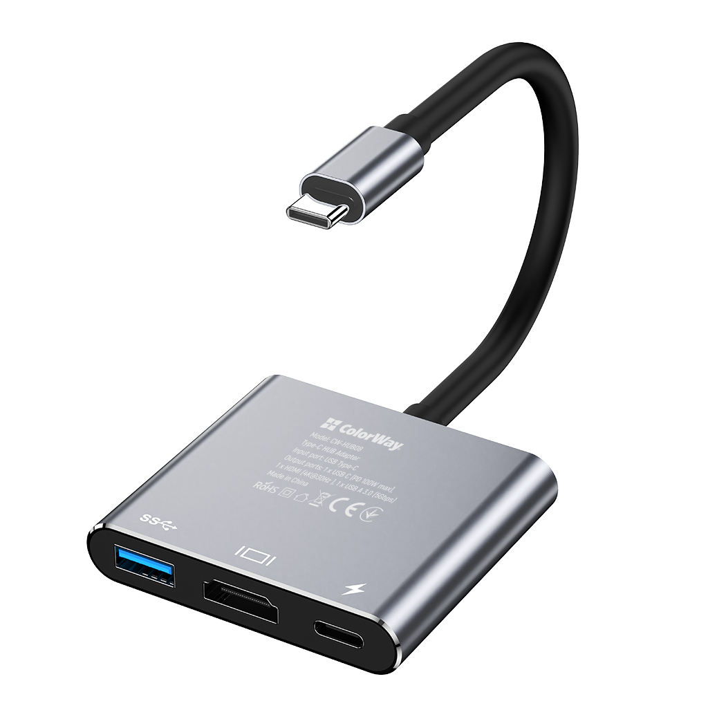 Концентратор ColorWay USB-C 3-in-1 USB 3.0 + HDMI 4K + USB-C PD100W (CW-HUB08) - изображение 2