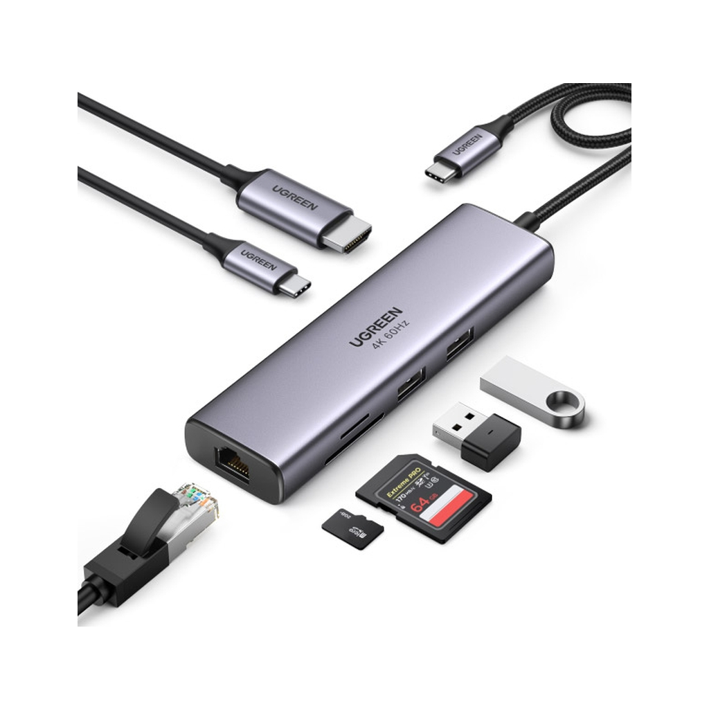 Концентратор Ugreen USB3.1 Type-C to HDMI/USB 3.0x2/RJ45/SD/TF/PD 100W CM512 (60515) - изображение 2