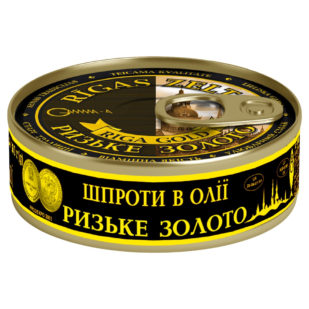 Рибні консерви Ризьке золото Шпроти в олії 160 г з ключем (4820062446389) - зображення 1