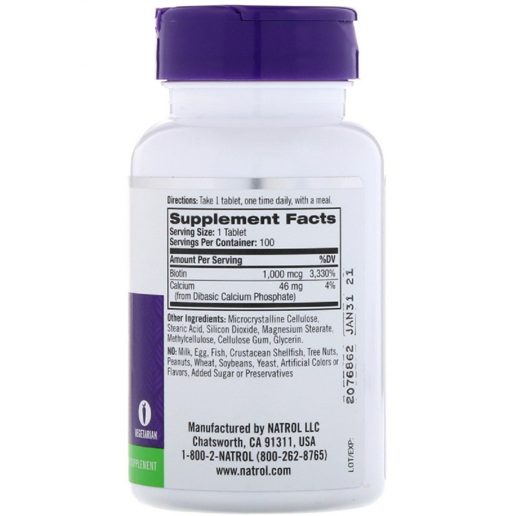 Вітамін Natrol Біотин, Biotin 1000 мкг, 100 таблеток (NTL-05239) - зображення 2