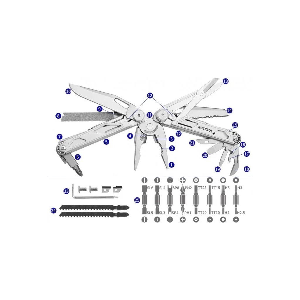 Мультитул Rocktol 29-в-1 з нейлоновим чохлом, бітами та запасними аксесуарами (SK05) - зображення 8