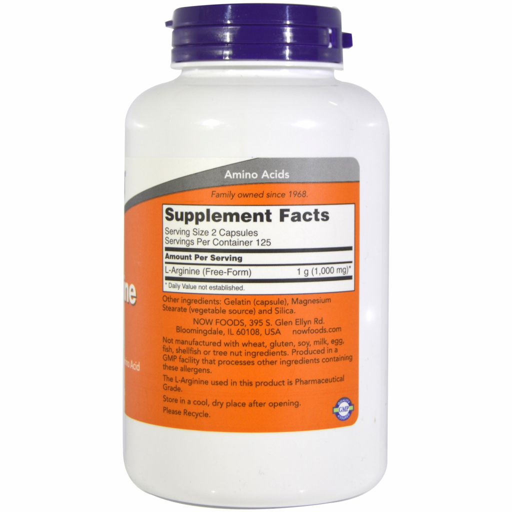 Амінокислота Now Foods L-Аргінін 500мг, 250 капсул (NOW-00031) - зображення 2