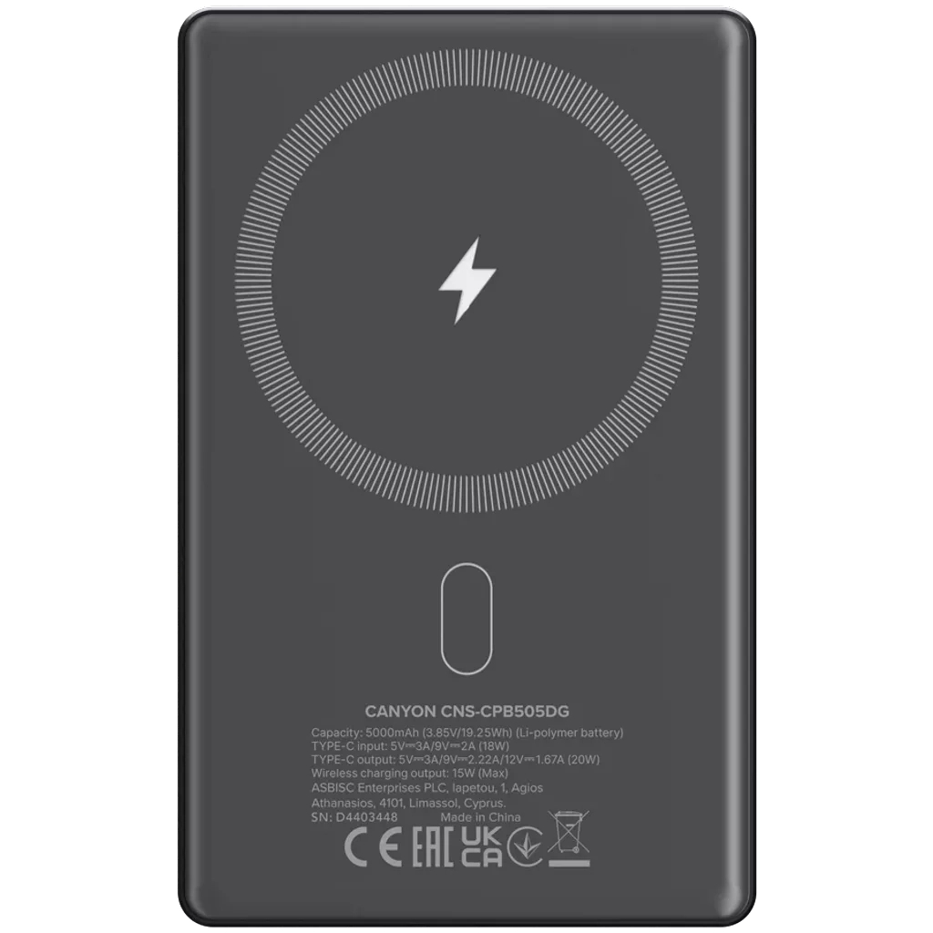 Батарея універсальна Canyon 5000mAh OnPower 505 slim Magsafe PD/20W Dark Grey (CNS-CPB505DG) - зображення 3
