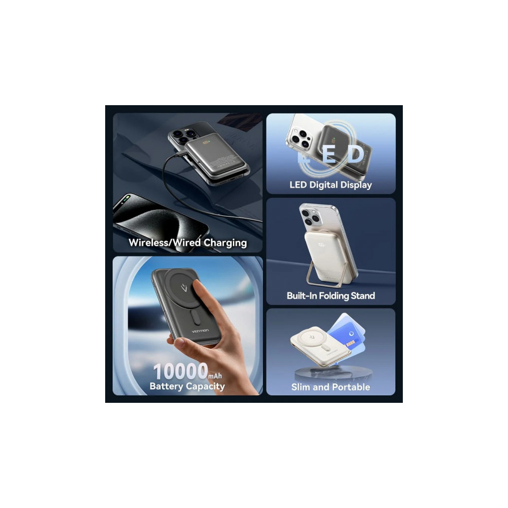 Батарея універсальна VENTION Magnetic Wireless 10000mAh 20W PD USB-C In/Out, QI-15W Black (FHNB0) - picture 6