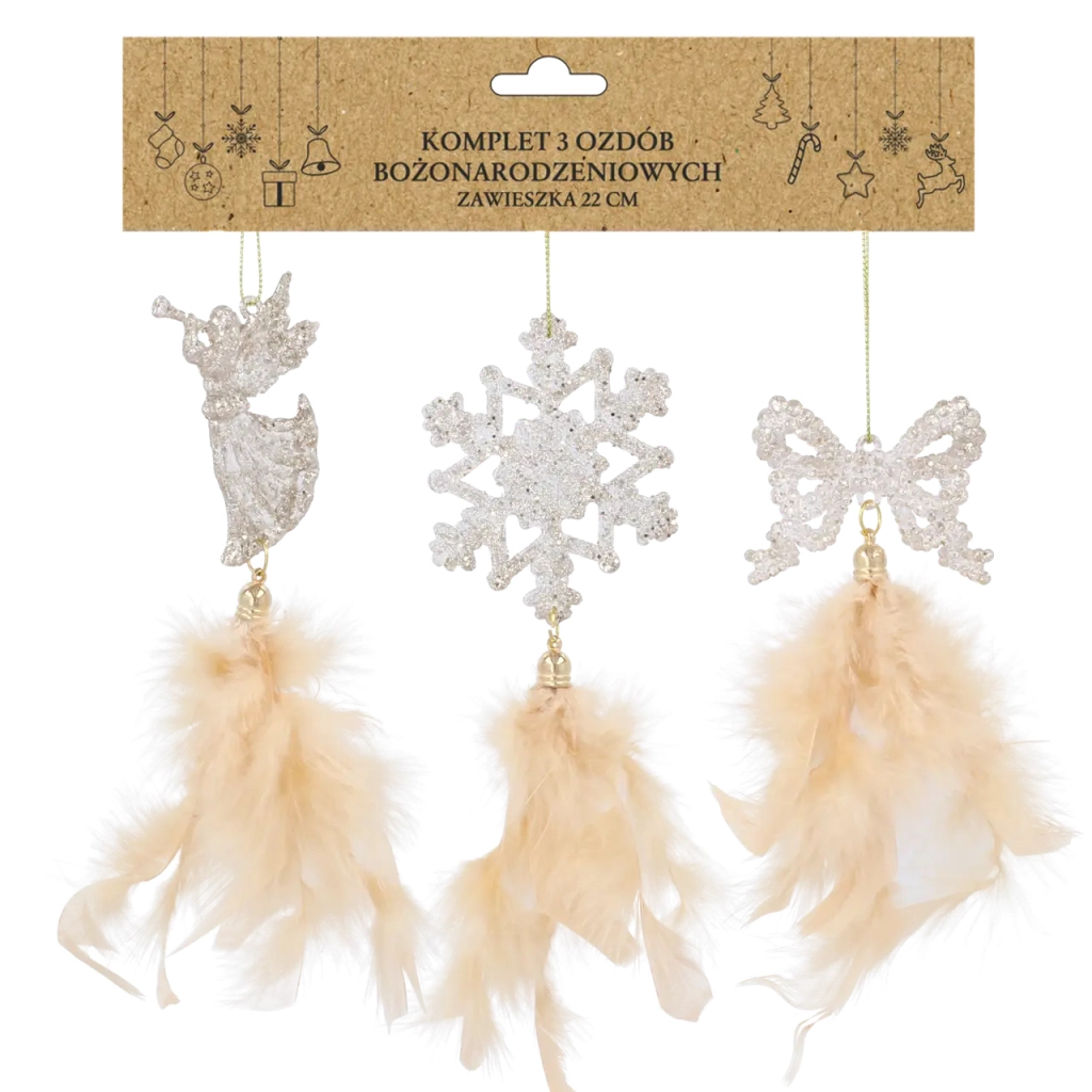 Ялинкова іграшка Chomik Янгол, бант, сніжинка з пір'ям, комплект 3 шт, 22 см, шампань (5900779855892) - зображення 1