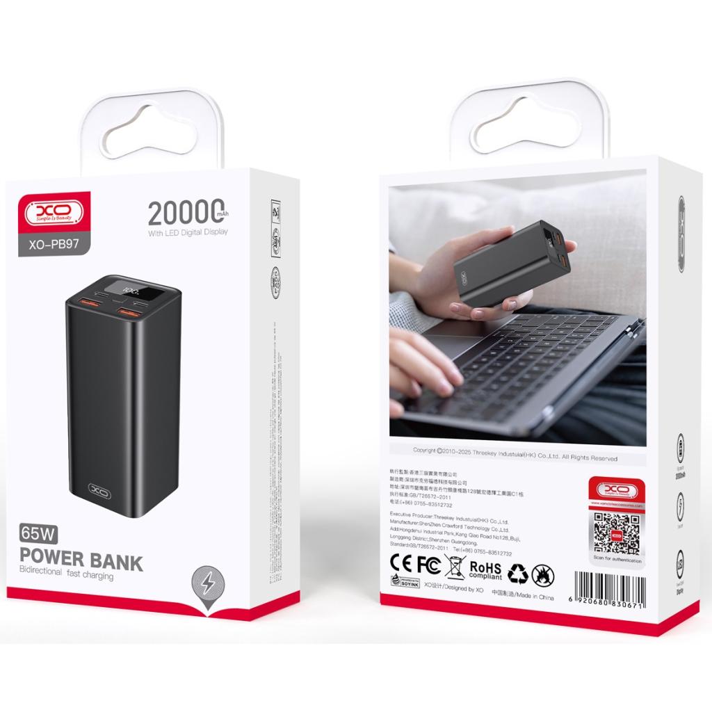 Батарея універсальна XO 20000mAh, PD/65W for laptop, QC/22.5W, black (PB97_Black) - зображення 3