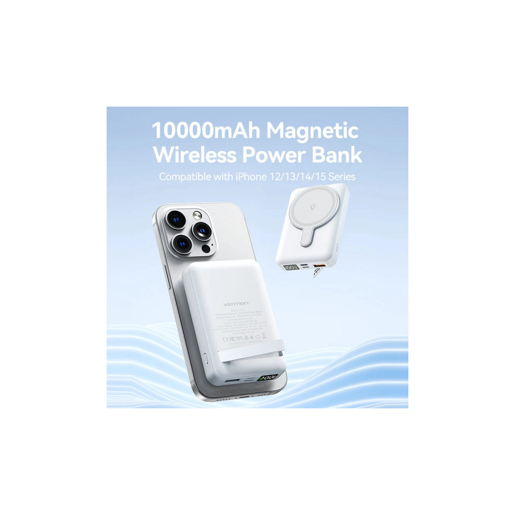 Батарея універсальна Vention Magnetic Wireless 10000mAh 22.5W 3A, PD, QC/3.0, USB-C, Lightning, LED Display, Black (FHTB0) - зображення 3