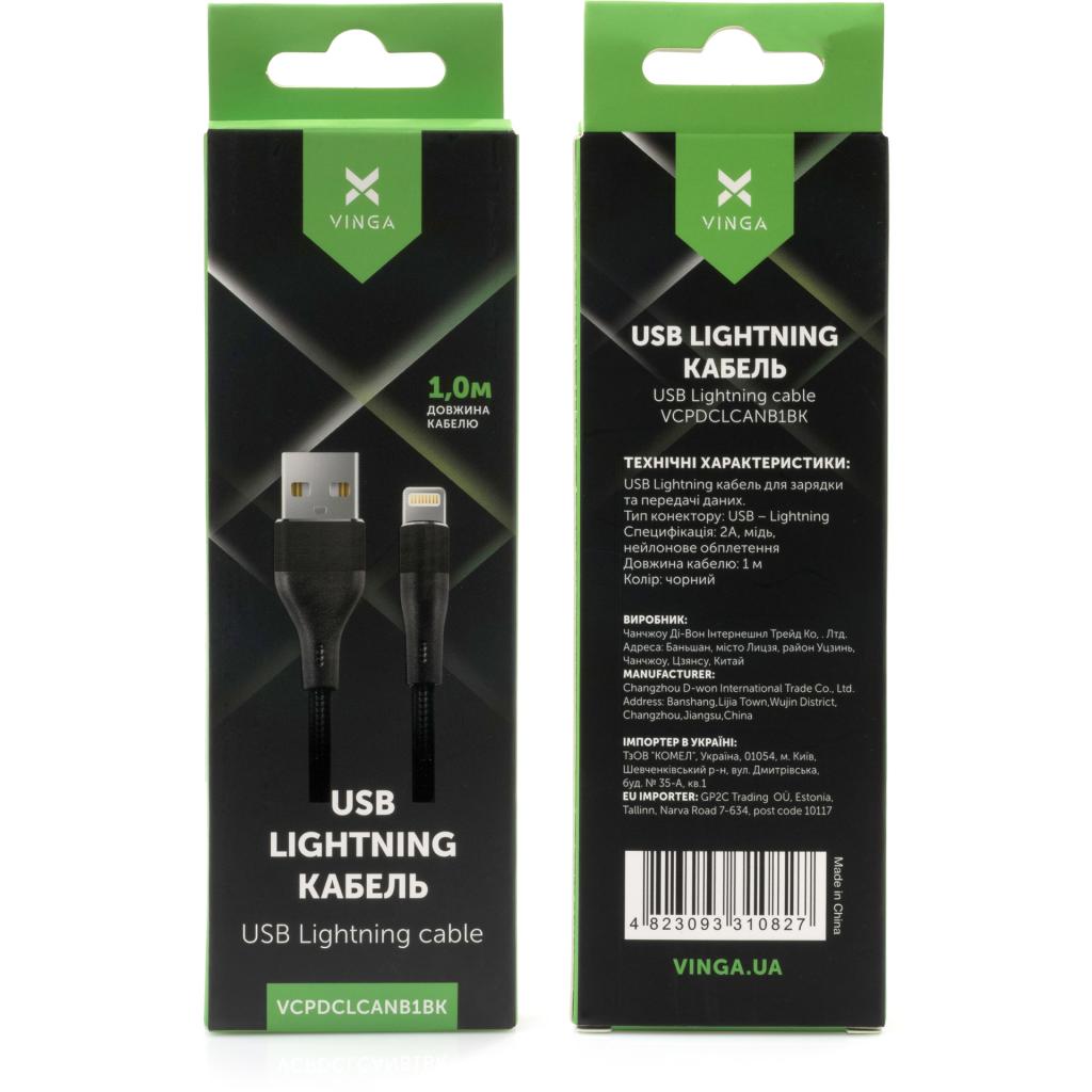 Дата кабель USB 2.0 AM to Lightning 1.0m cylindric nylon back Vinga (VCPDCLCANB1BK) - зображення 4