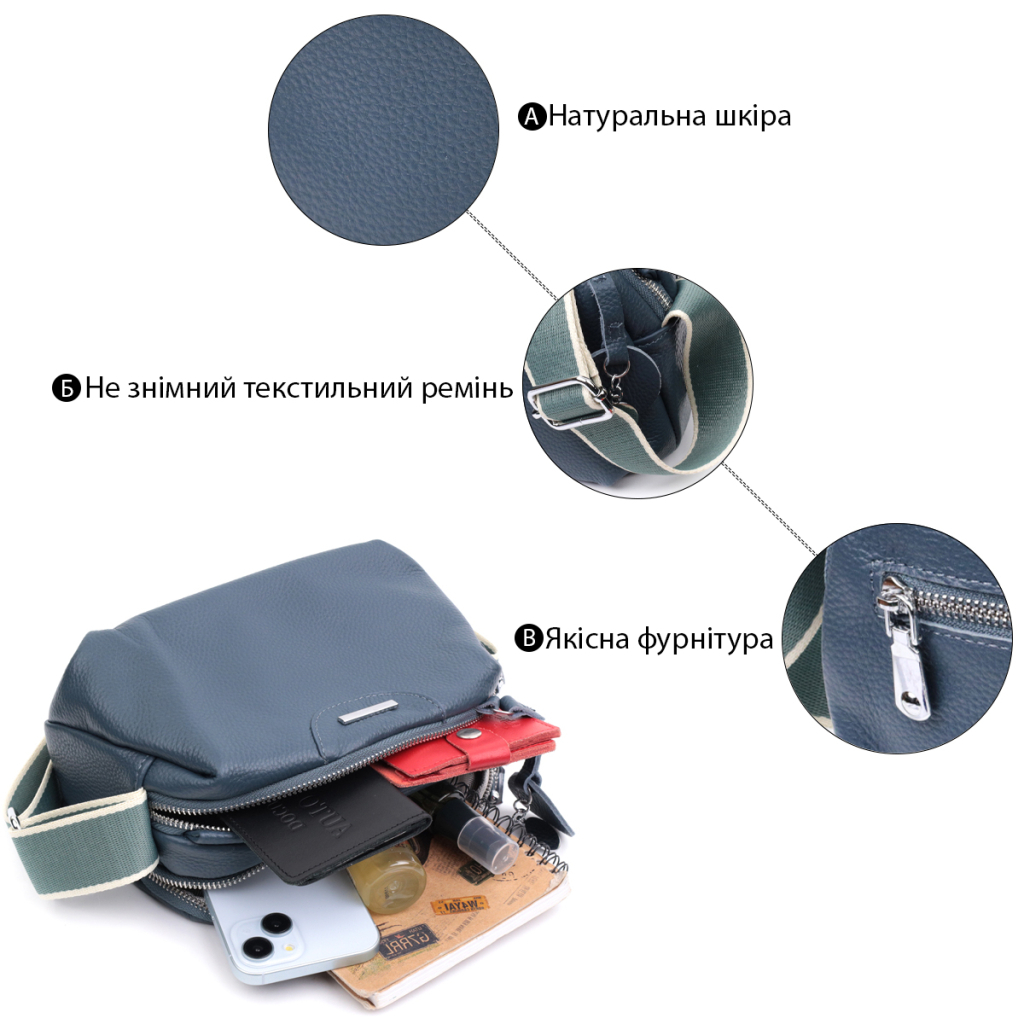 Сумка Vintage З двома відділеннями з натуральної шкіри Синя (22595) - зображення 4