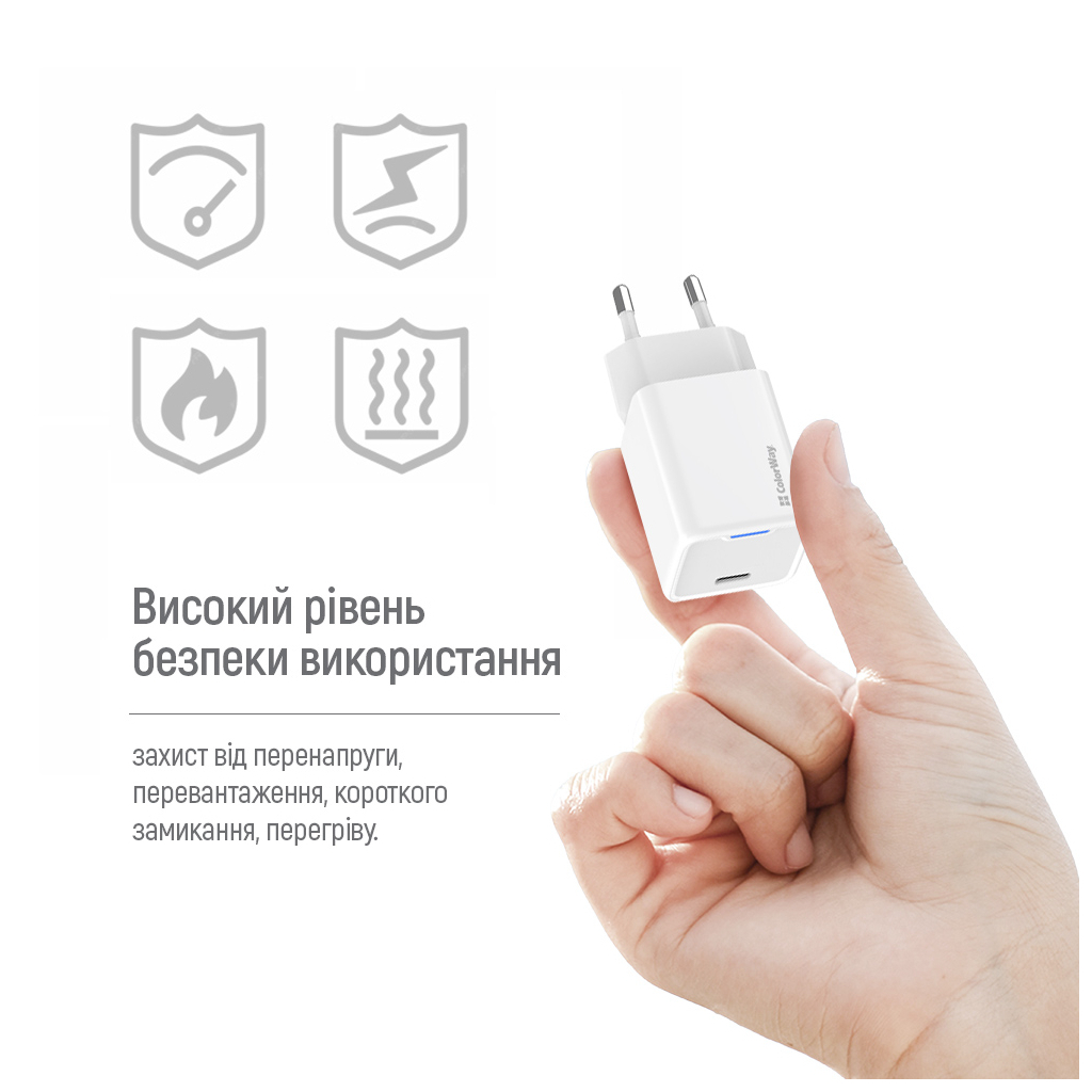 Зарядний пристрій ColorWay GaN Mini 65W PD Port PPS USB-C white (CW-CHS049PD-WT) - зображення 12