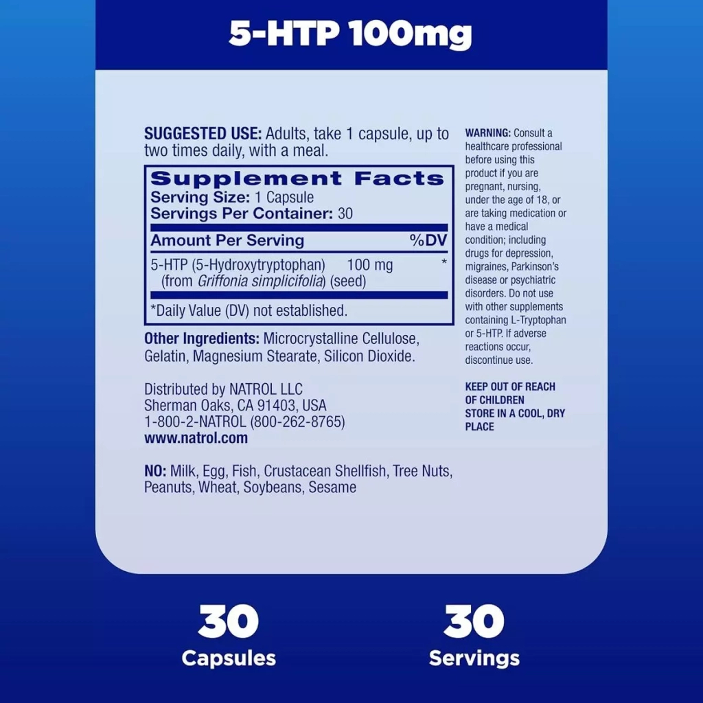 Амінокислота Natrol 5-HTP (Гідрокситриптофан), 100 мг, 5-HTP, 30 капсул (NTL04093) - зображення 2