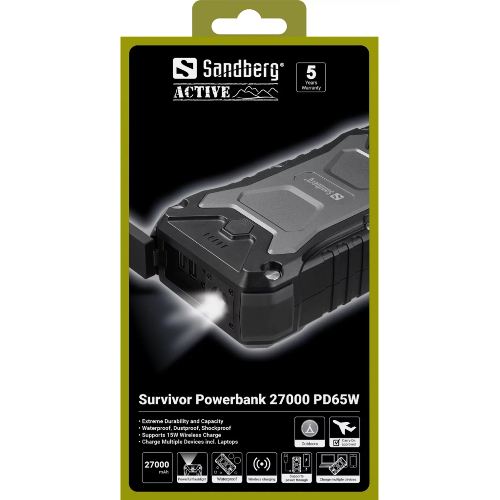 Батарея універсальна Sandberg 27000mAh Survivor PD/65W, IP66, LED Torch, QC/3.0/18W, QI-15W, Pass-Through Charging (420-99) - зображення 4