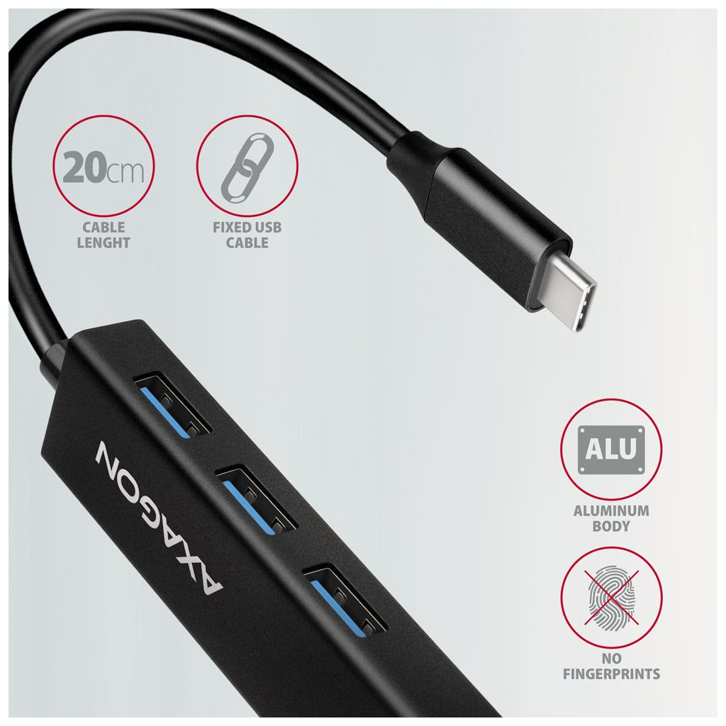 Концентратор AXAGON USB-C to 3xUSB-A + RJ45 0.2m metal black (HMC-GL3A) - зображення 5