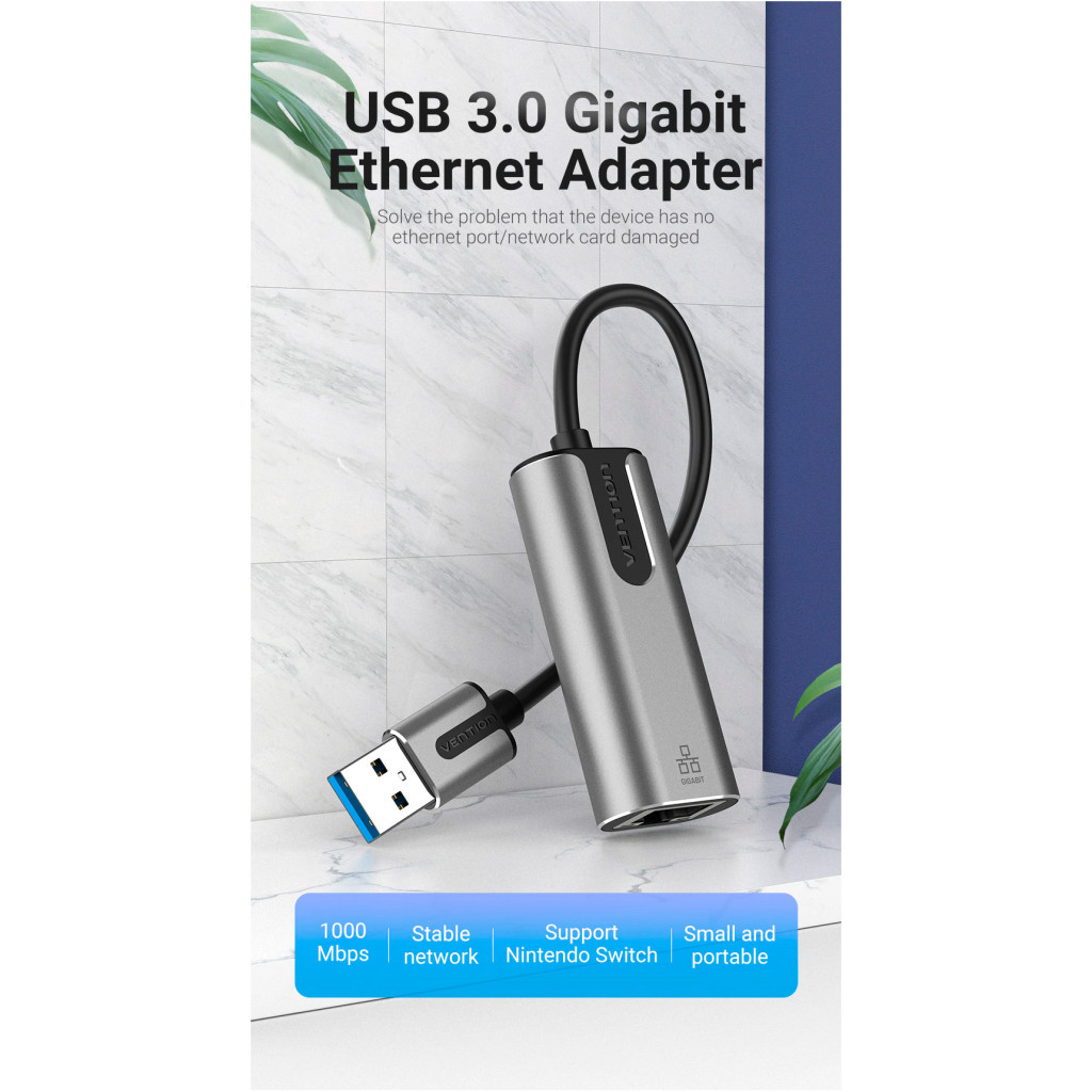 Перехідник USB 3.0 to Ethernet RJ45 1000Mb Aluminum black Vention (CEWHB) - изображение 4