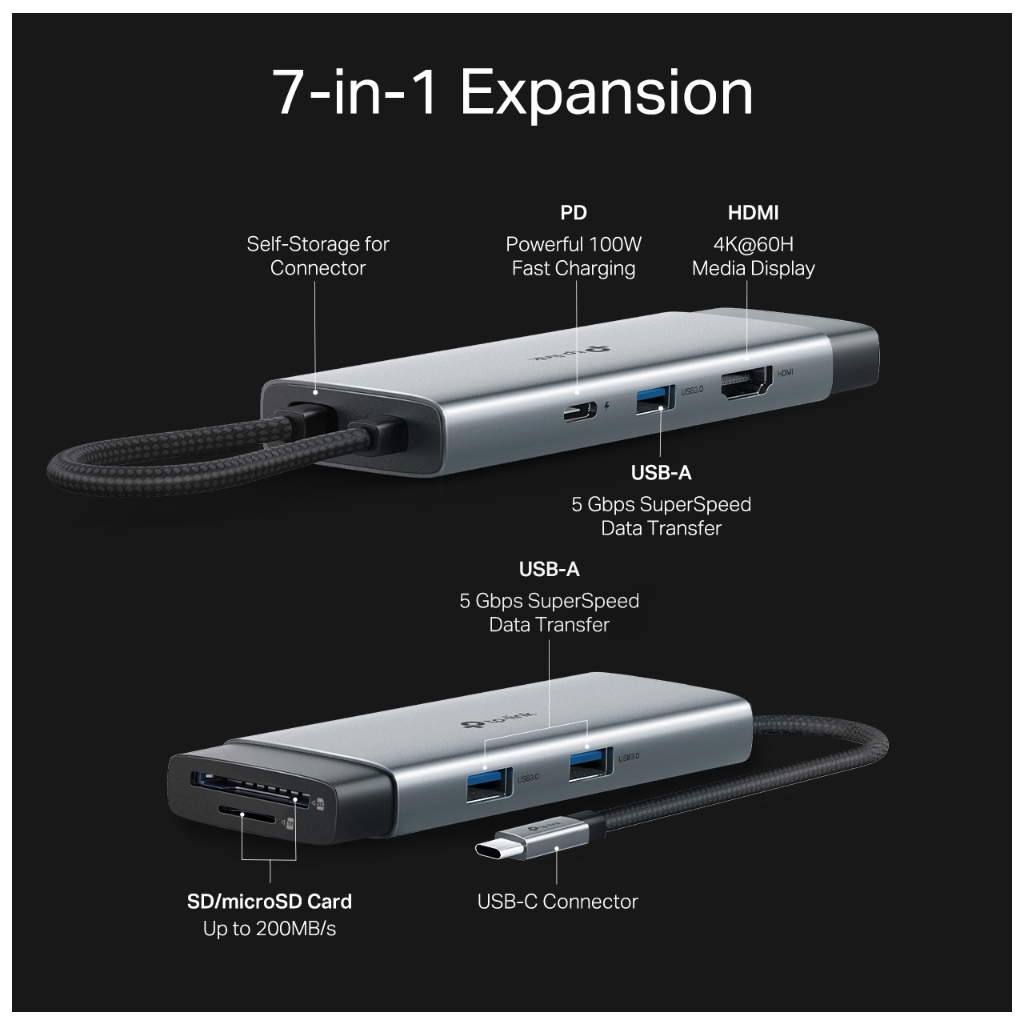 Концентратор TP-Link USB-C 7-in-1 3xUSB + HDMI + SD/TF + USB-C PD100W (UH7021C) - зображення 6