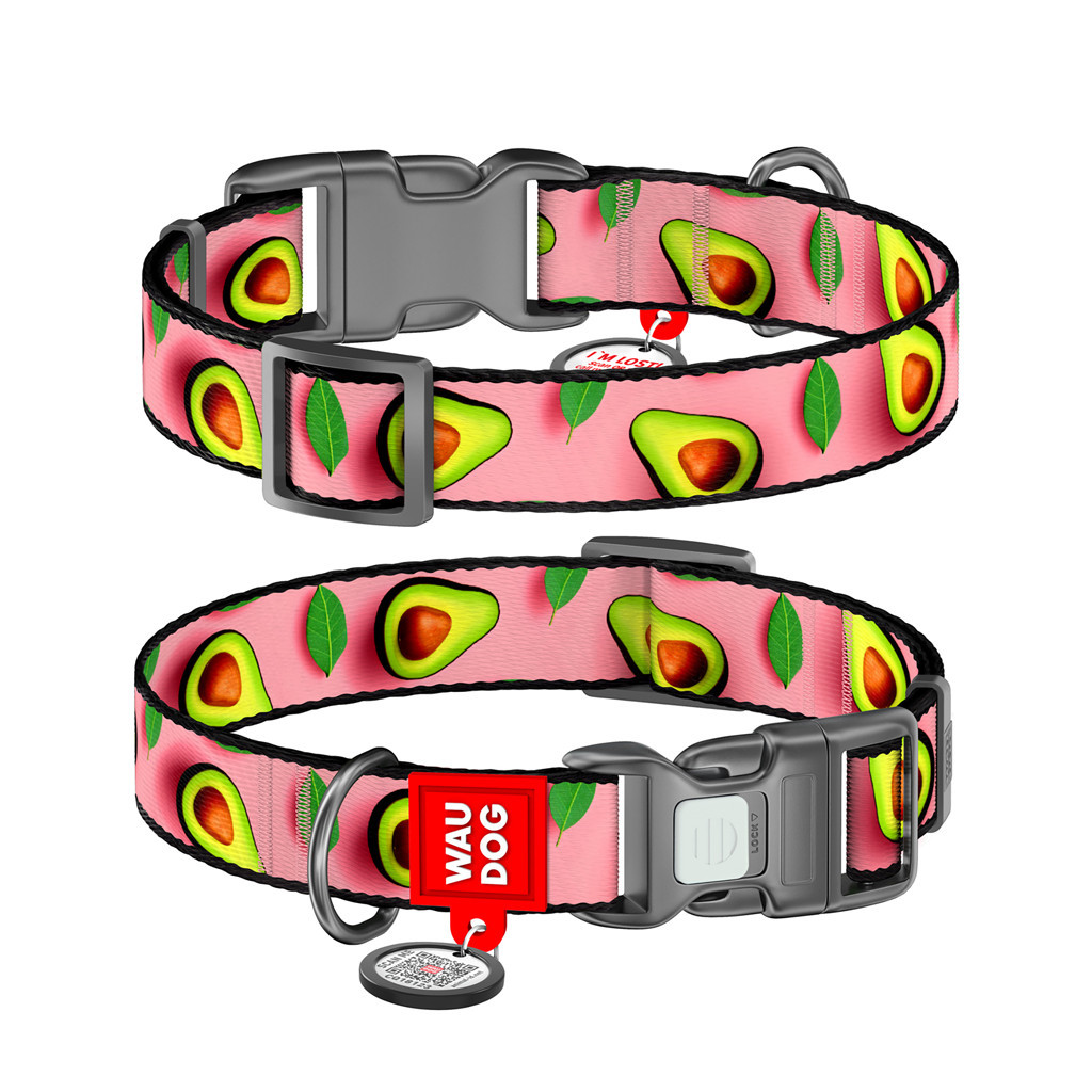 Нашийник для тварин WAUDOG Nylon з QR паспортом "Авокадо на рожевому" пластиковий фастекс XXL (284-4051) - зображення 1