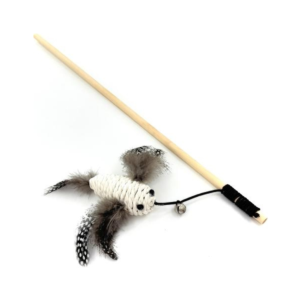 Іграшка для котів Hippie Pet Вудка з пташкою з мотузки та пір'я біла 40 см (HIPCW2303008B) - зображення 1