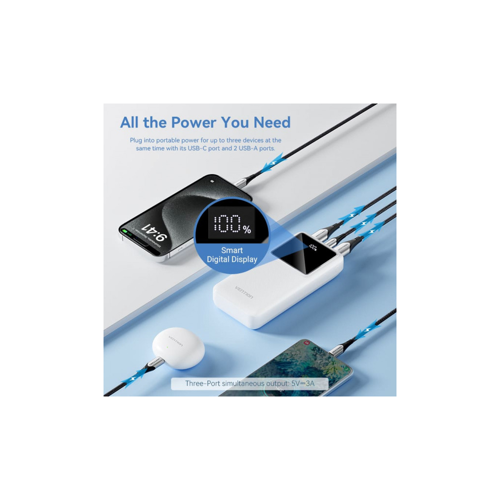 Батарея універсальна Vention 20000mAh 22.5W 3A, PD, QC/3.0, LED Display, White (FHLW0) - изображение 5