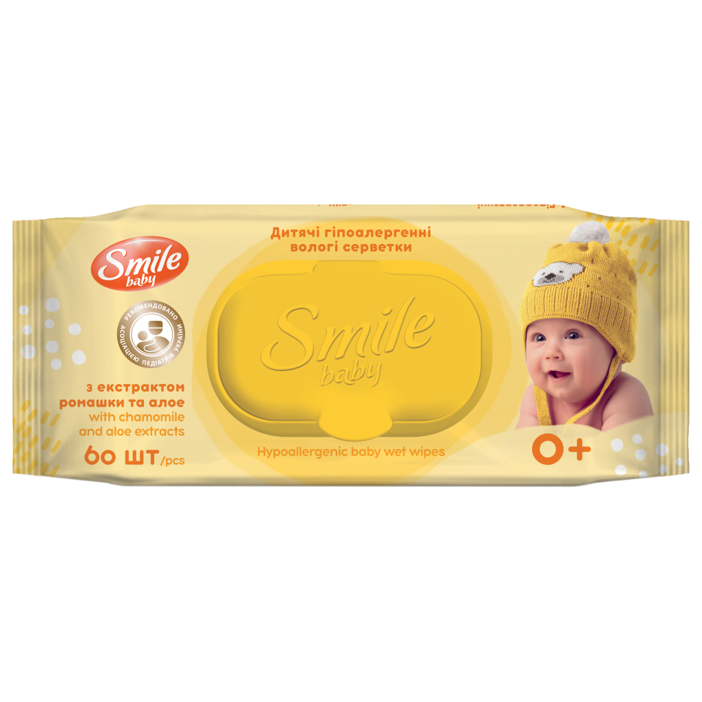 Дитячі вологі серветки Smile baby Екстракт ромашки і алое (з клапаном) 60шт (42113801) - зображення 1
