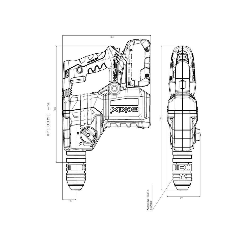 Перфоратор Metabo KH 18 LTX BL 28 Q В SDS-plus, 18V, 3Дж, 3.4кг (без АКБ та ЗП) (601715850) - зображення 6
