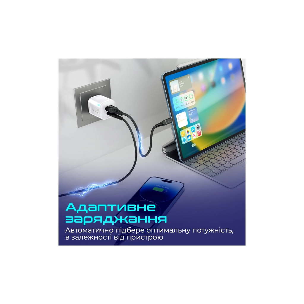 Зарядний пристрій Promate USBC PD25W + USBA QC3.0 18W White (powerport-25ac.white) - зображення 6
