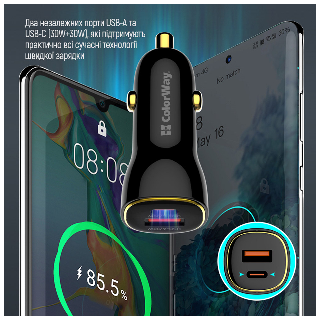 Зарядний пристрій ColorWay PowerDelivery PPS USB (USB-A + USB-C) (60W) Black (CW-CHA046PD-BK) - зображення 10