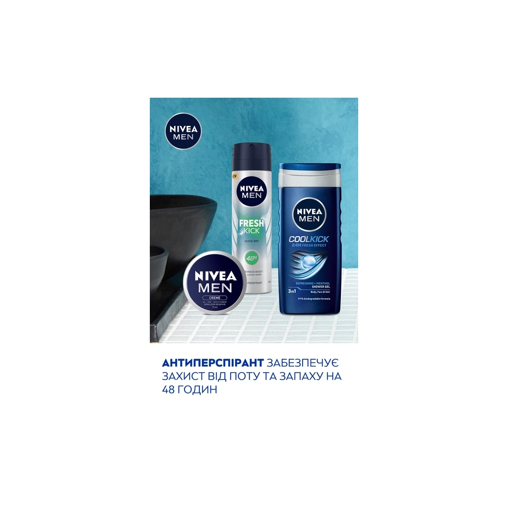Набір косметики Nivea Men Fresh Kick Гель для душу 250 мл + Антиперспірант 150 мл + Крем для обличчя 75 мл (4006000118666) - picture 3