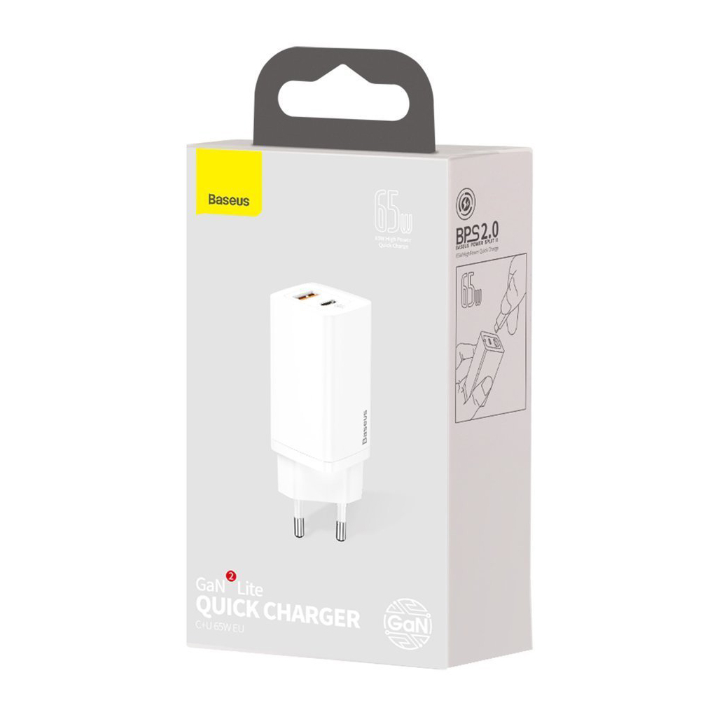 Зарядний пристрій Baseus 2xUSB 65W GaN (USB-C+USB-A) white (CCGAN2L-B02) - зображення 5