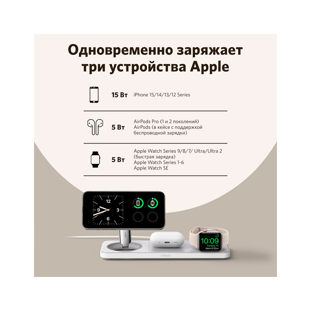 Зарядний пристрій Anker MagGo Wireless Charging Station 15W 3-in-1 Pad White (B25M1321) - зображення 8