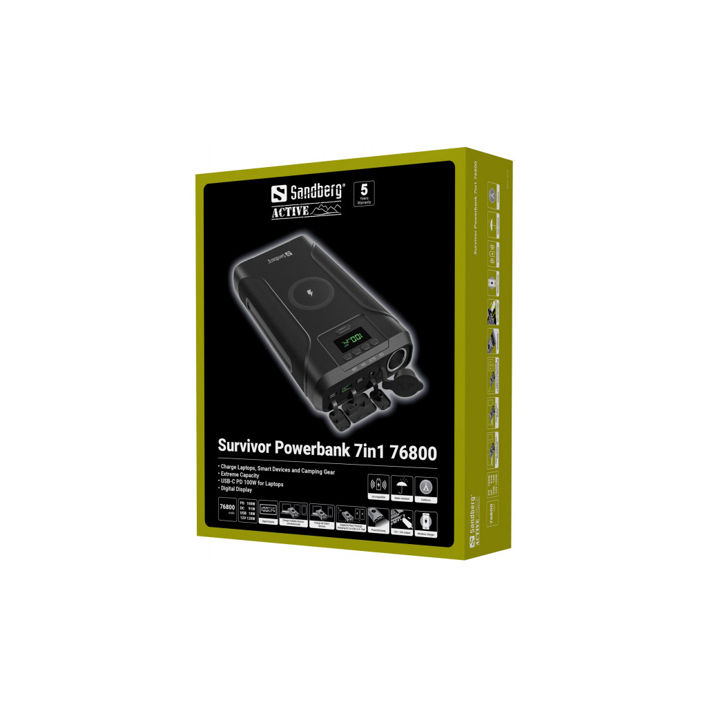 Батарея універсальна Sandberg 76800mAh Survivor 7in1 DC/91W, PD/100W, Cigar Lighter/120W, QI-15W, power-through (421-15) - зображення 6