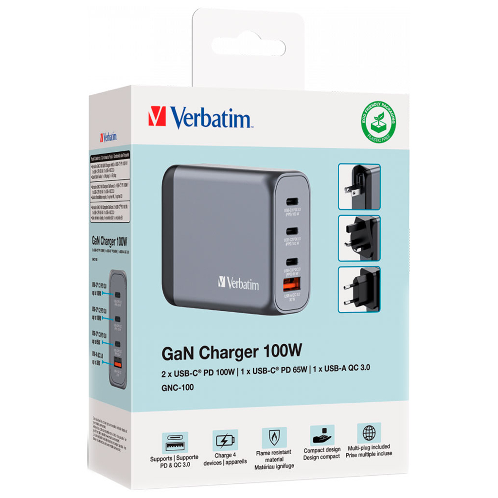 Зарядний пристрій Verbatim GaN 100 W 4 ports (2xUSB-C-100 W,USB-C 65 W /USB-A -3.0) (32202) - зображення 6