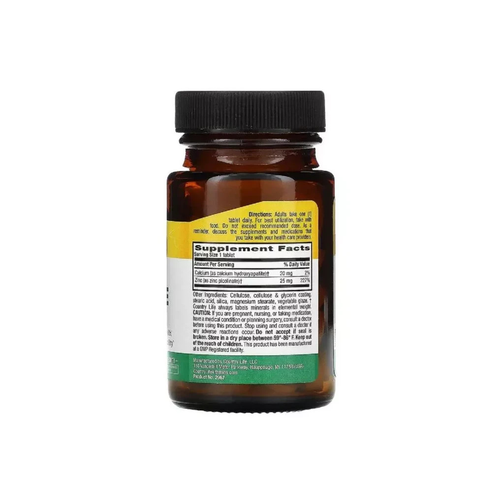 Мінерали Country Life Цинк піколінат 25 мг, Zinc Picolinate, 100 таблеток (CLF-02967) - зображення 2