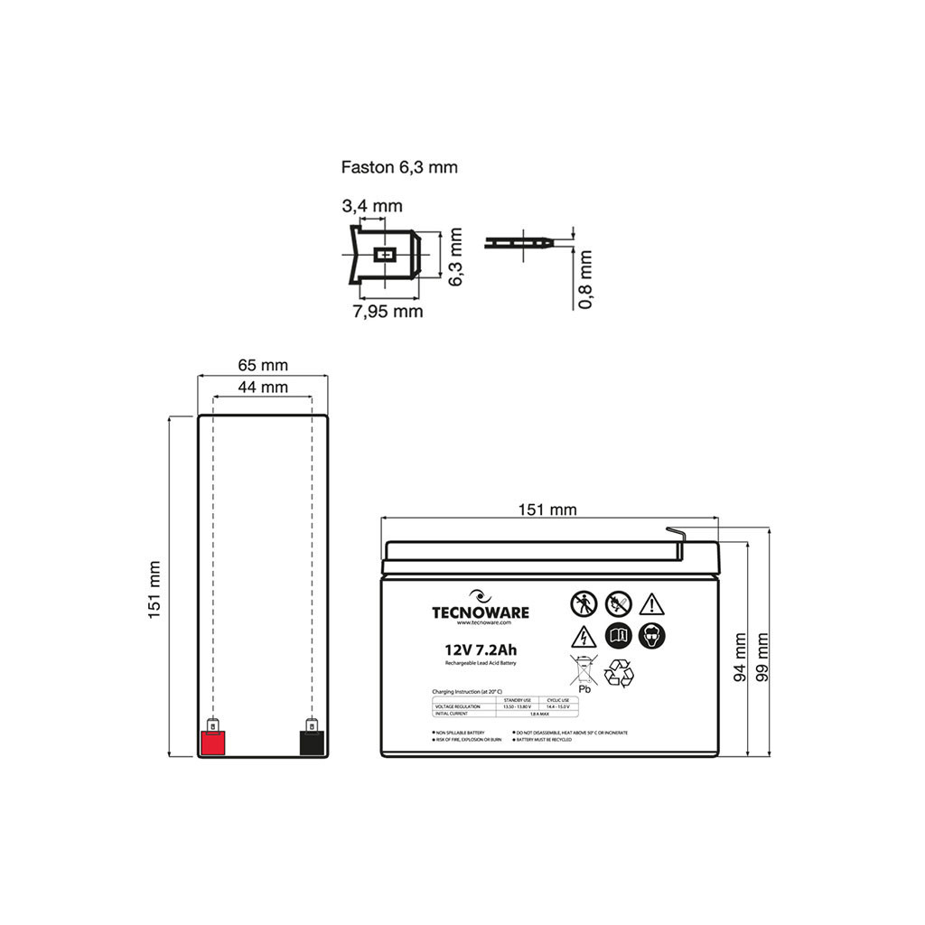Батарея до ДБЖ TECNOWARE 12V-7.2Ah (EACPE12V7A2TWP) - изображение 3