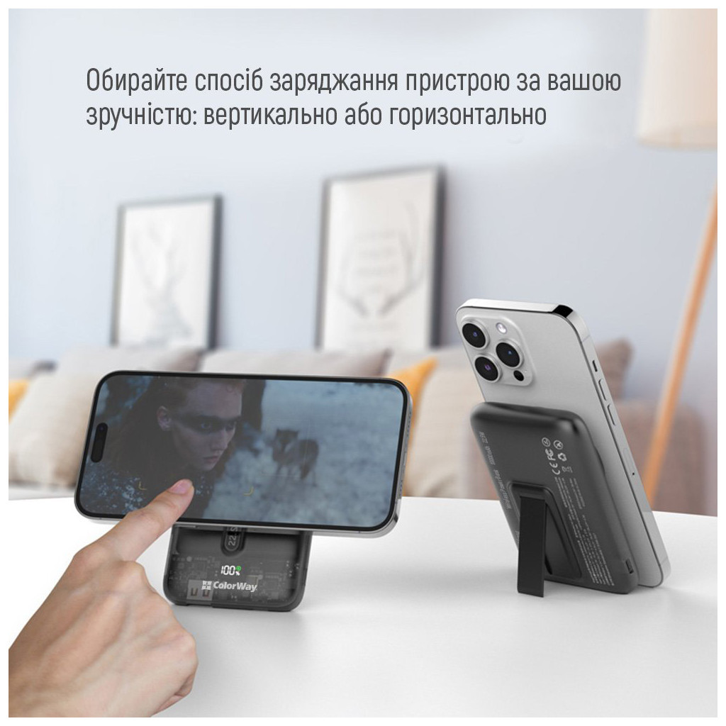Батарея універсальна ColorWay 10 000 mAh 15W MagSafe (USB QC3.0 + USB-C PD 22.5W) (CW-PB100LPA3BK-WPDD) - изображение 7