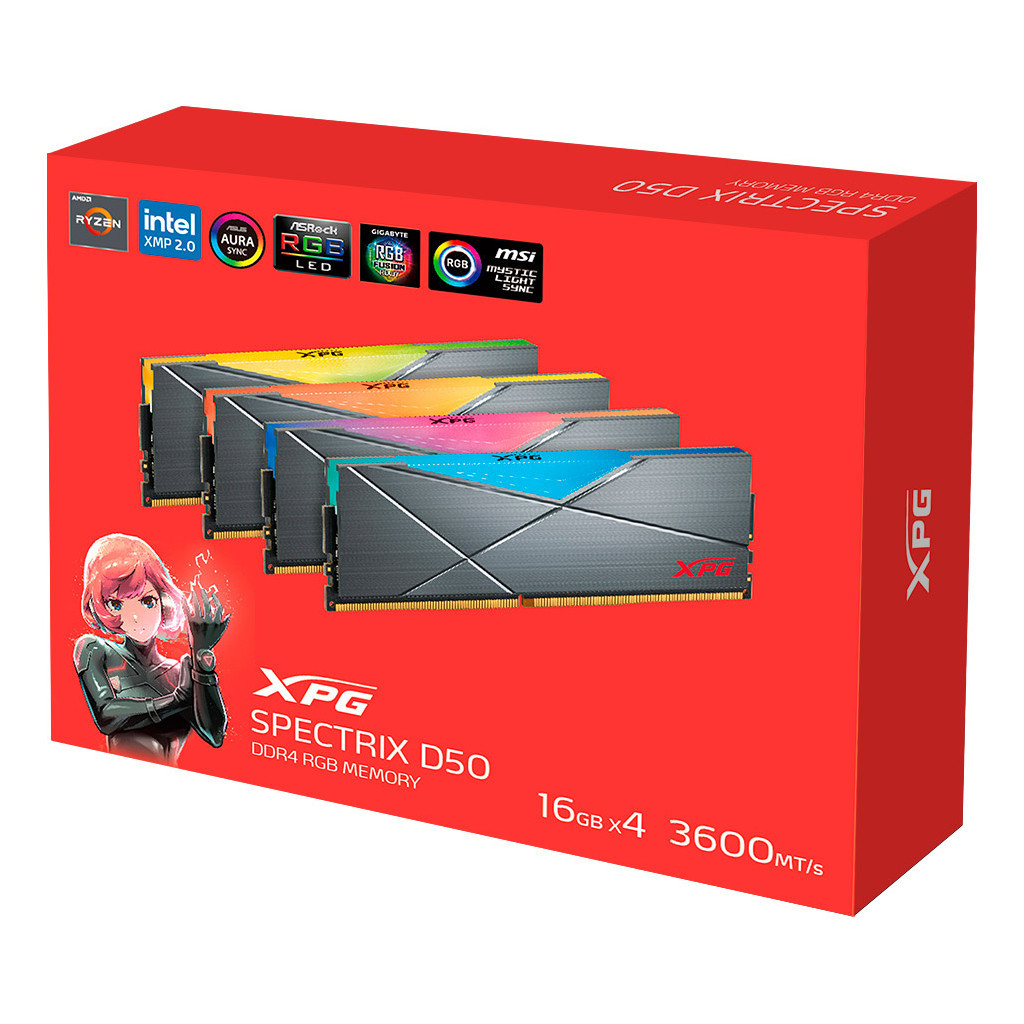 Модуль пам'яті для комп'ютера DDR4 64GB (4x16GB) 3600 MHz XPG Spectrix D50 RGB Tungsten ADATA (AX4U360016G18I-QCTG50) - зображення 4