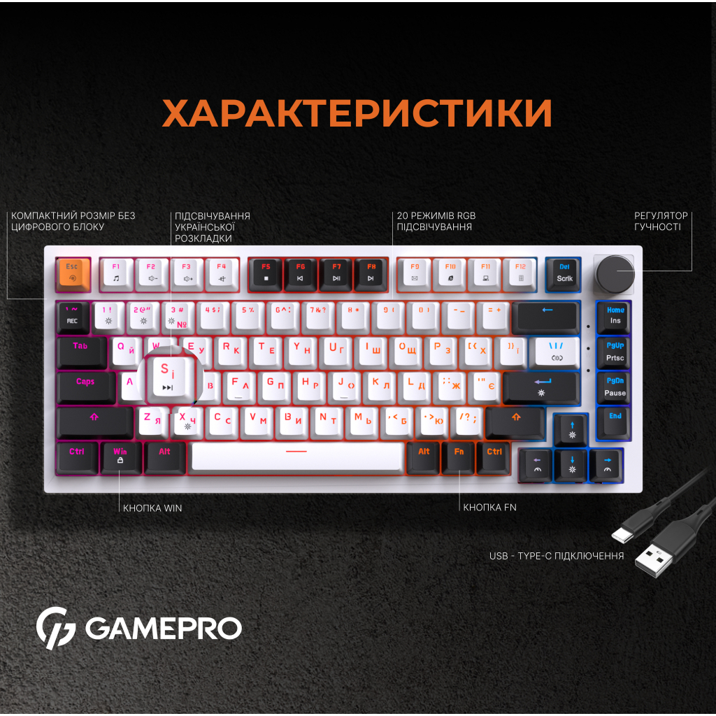 Клавіатура GamePro MK160W Hot-Swap Red Swich RGB USB UA White (MK160W) - изображение 10