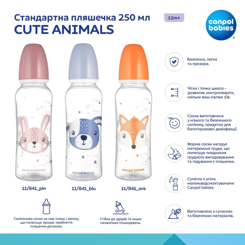 Пляшечка для годування Canpol babies Cute Animals стандартна 250 мл рожева рожев (11/841_pin) - зображення 4