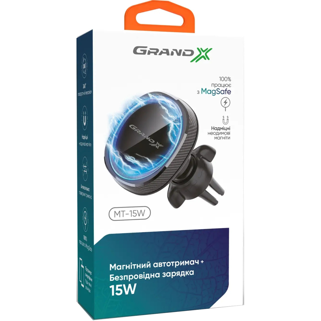 Універсальний автотримач Grand-X MT-15W MagSafe з зарядкою 15W (кріплення на дефлектор) (MT-15W) - изображение 4