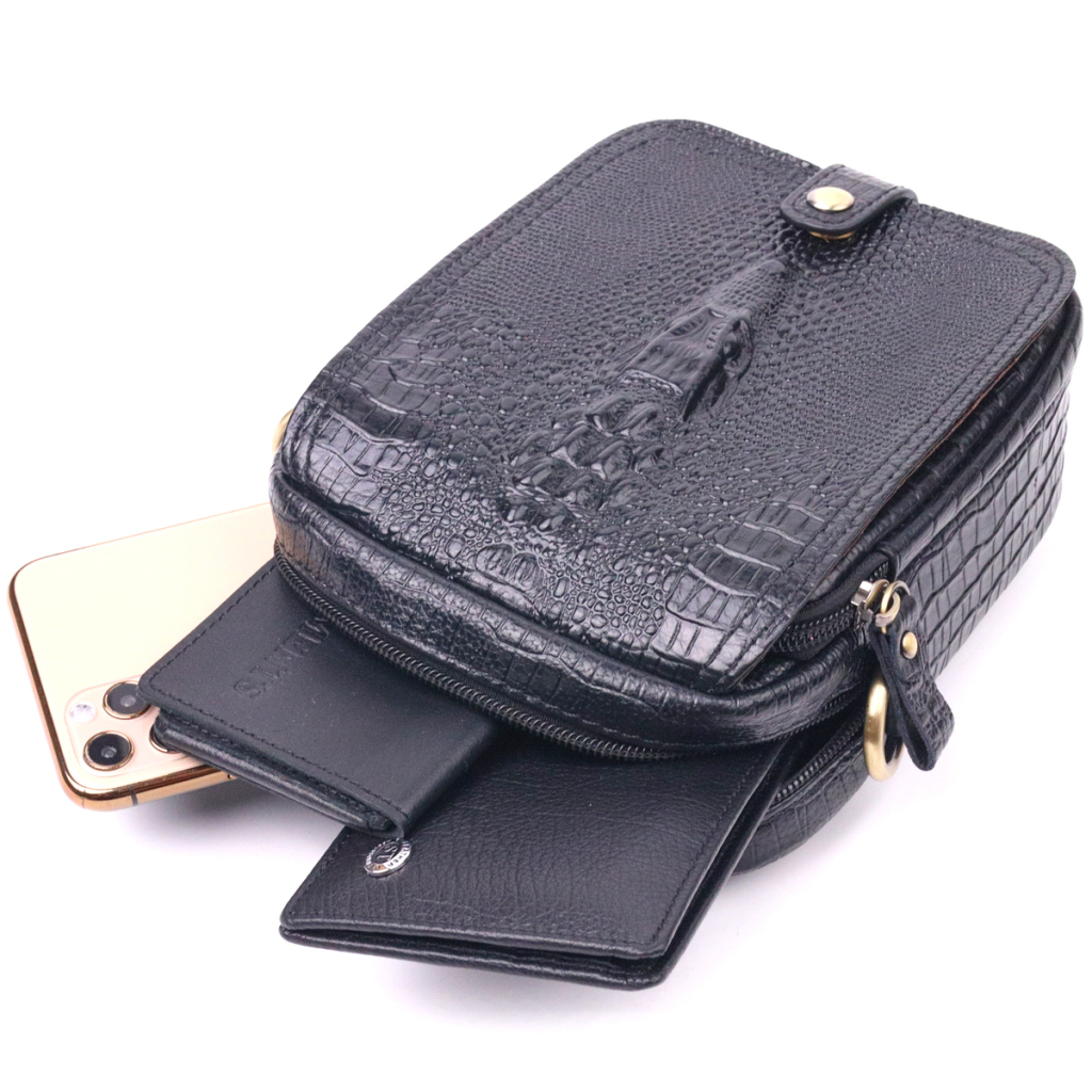 Сумка Vintage Невелика чоловіча з натуральної шкіри з фактурою під крокодила Чорна (21299) - зображення 7