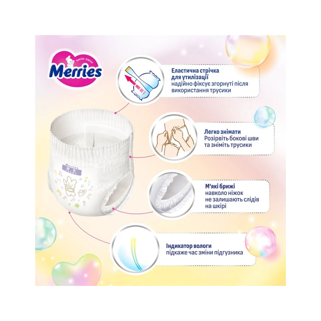 Підгузки Merries розмір M (6-11 кг) трусики 62 шт (4901301442949) - изображение 12