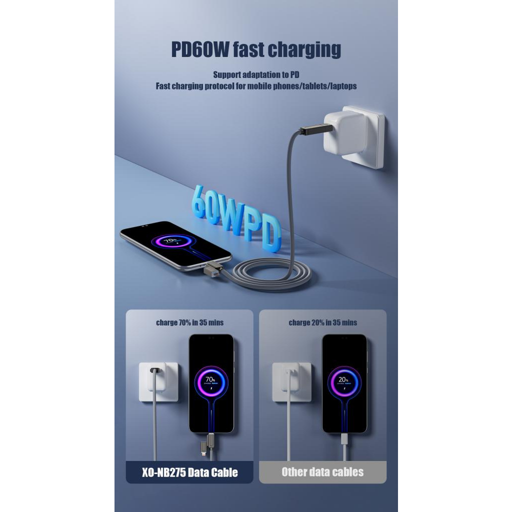 Дата кабель USB 2.0 AM to USB-C + USB 2.0 AM to Lightning 1.0m 60W gray XO (NB275_4-in-1_Gray) - picture 12
