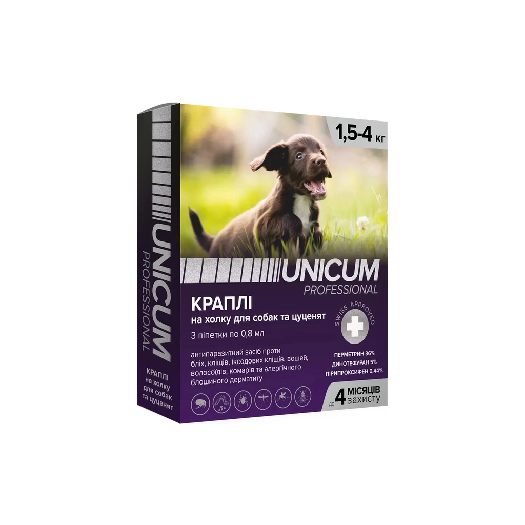 Краплі для тварин Unicum Pro від бліх, вошей, волосоїдів, комарів, москітів, іксодових кліщів для собак 1.5-4 кг/3 шт (4820150206512) - зображення 1